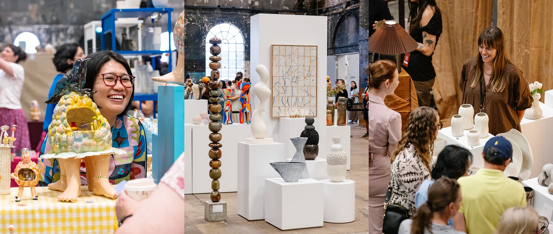 Sculptural ceramic works of Albatross Ceramic and ceramic vases with earthy hand-painted details by Trade The Markon display at Sydney Ceramics Market 2023, photos: Amy Piddington.