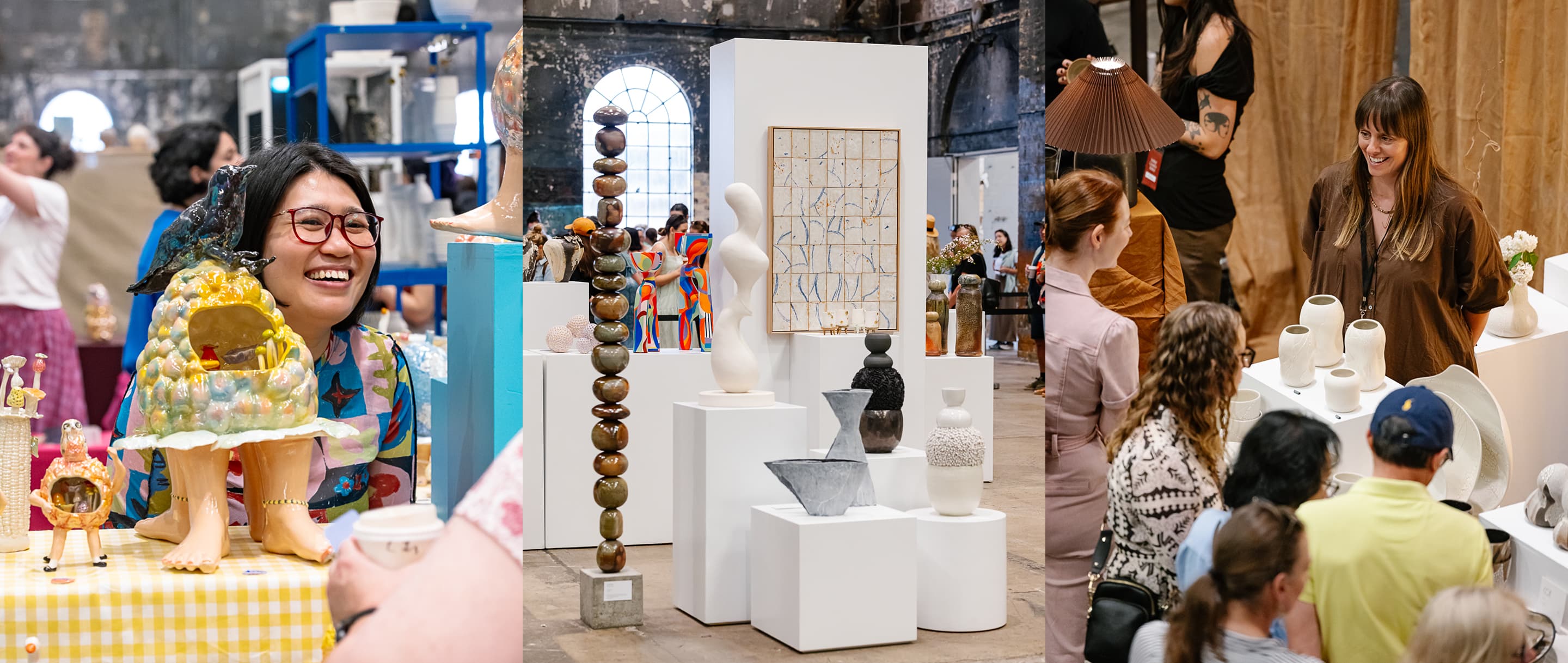 Sculptural ceramic works of Albatross Ceramic and ceramic vases with earthy hand-painted details by Trade The Markon display at Sydney Ceramics Market 2023, photos: Amy Piddington.